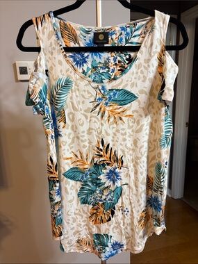 JM Collection Cream Tropical Floral Cold-Shoulder Top with Teal & Orange Accents